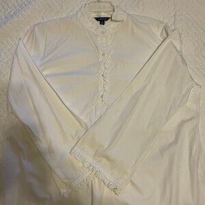 Lands' End Sz XL White W/Ruffles on Collar, Front & Cuffs , Long Sleeves